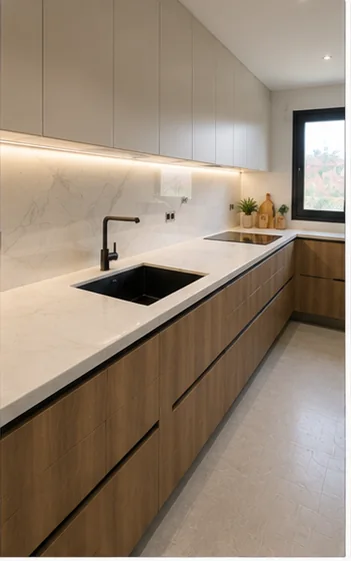 Cocina terminada con encimera de piedra instalada