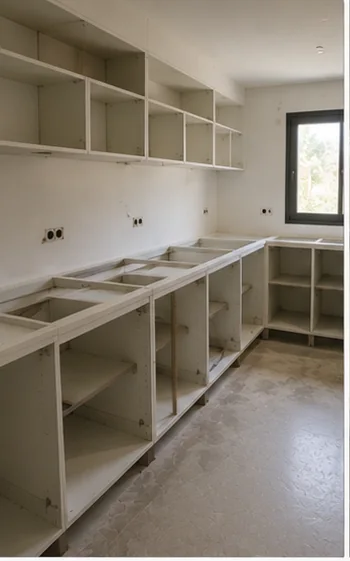 Cocina con los muebles instalados y todavía sin encimera
