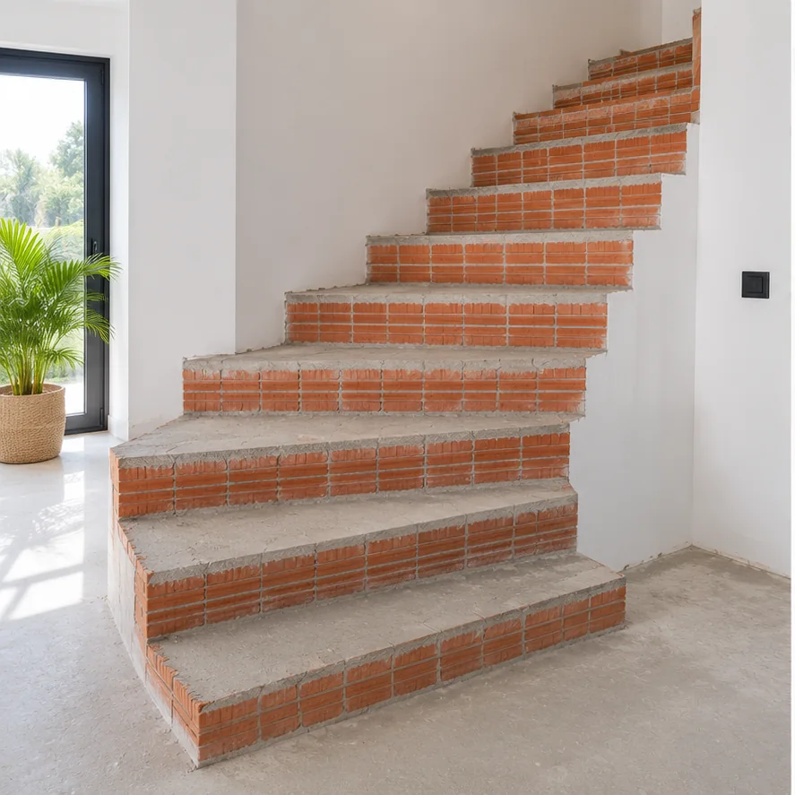 Escalera compensada construida en ladrillo y sin revestir