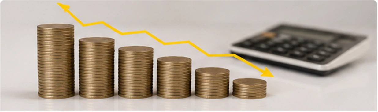 Representación visual de reducción de costes con monedas decrecientes y calculadora