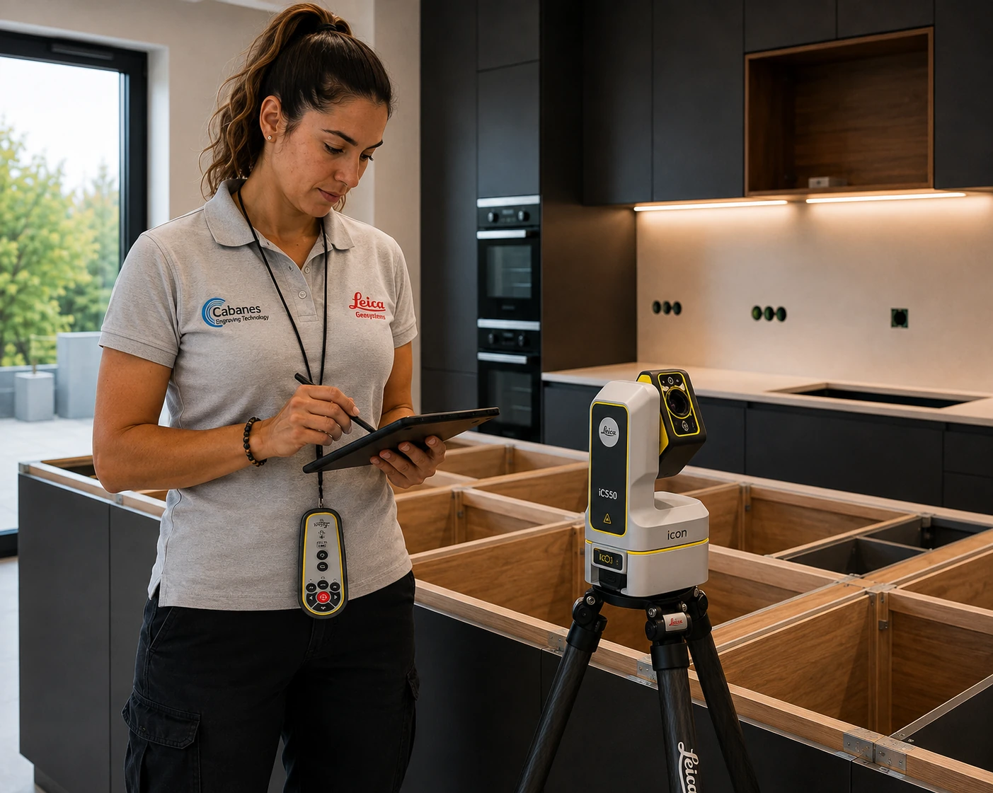 Profesional utilizando el Leica iCS50 y una tablet en una cocina preparada para instalar la encimera