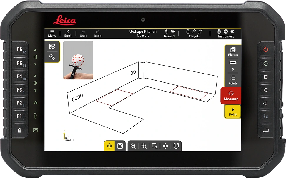 Tablet Leica con Leica iCON trades mostrando el dibujo digital de una cocina en U