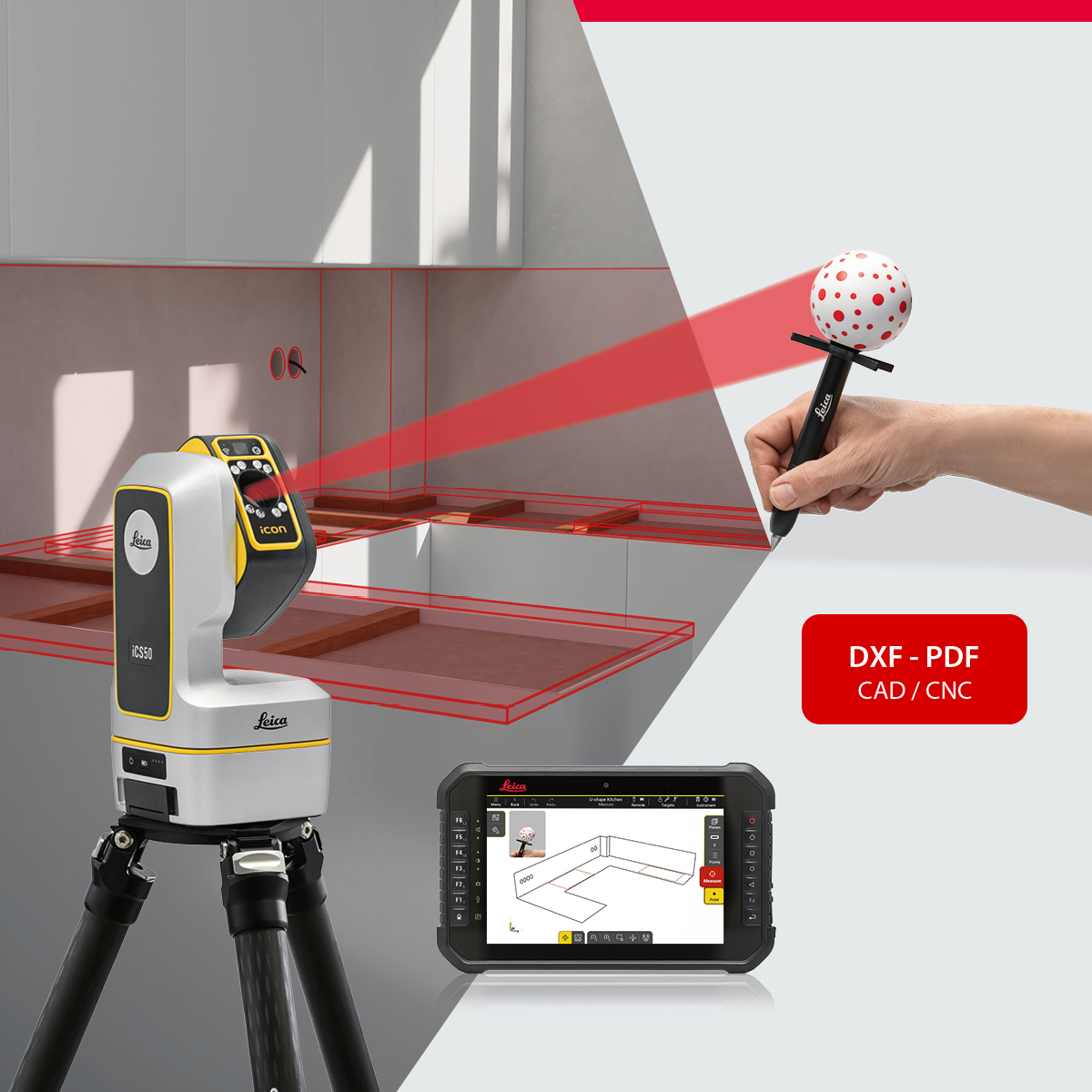 Leica iCON iCS50 y vPen utilizados para la medición digital de una encimera