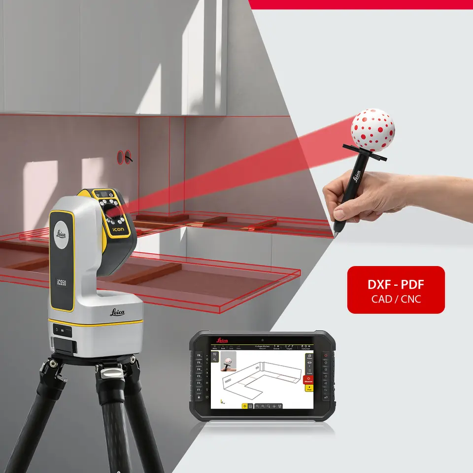 Leica iCON iCS50 y vPen utilizados para la medición digital de una encimera